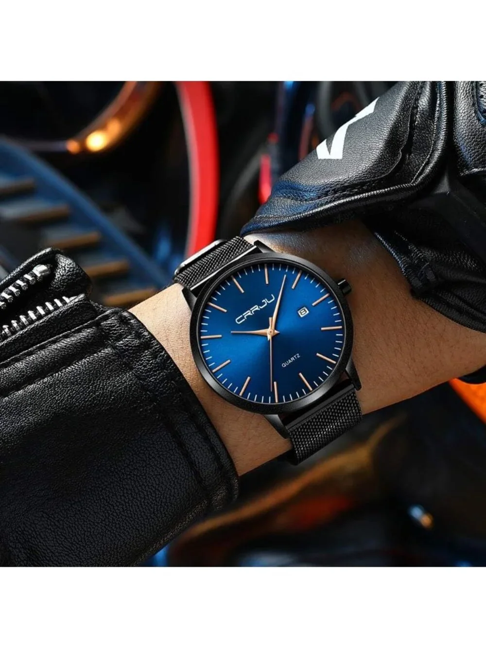 Men's Black Blue Gold Minimalist Luxury Quartz Stainless Steel Band Wrist Watch